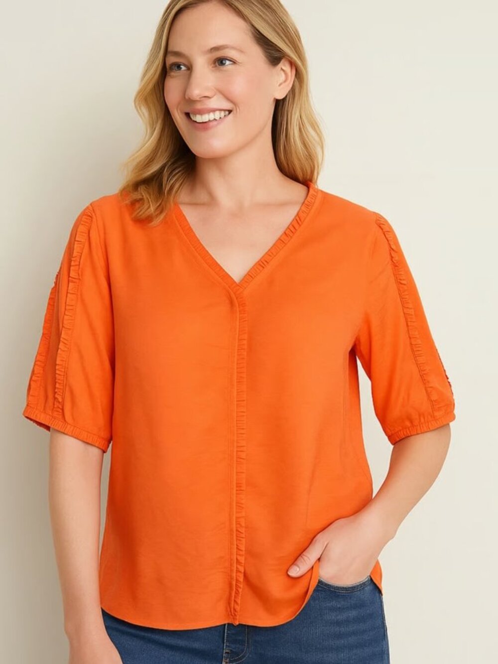 NWT Chico's Bright Orange Ruffle-Trim V-Neck Blouse Size 3